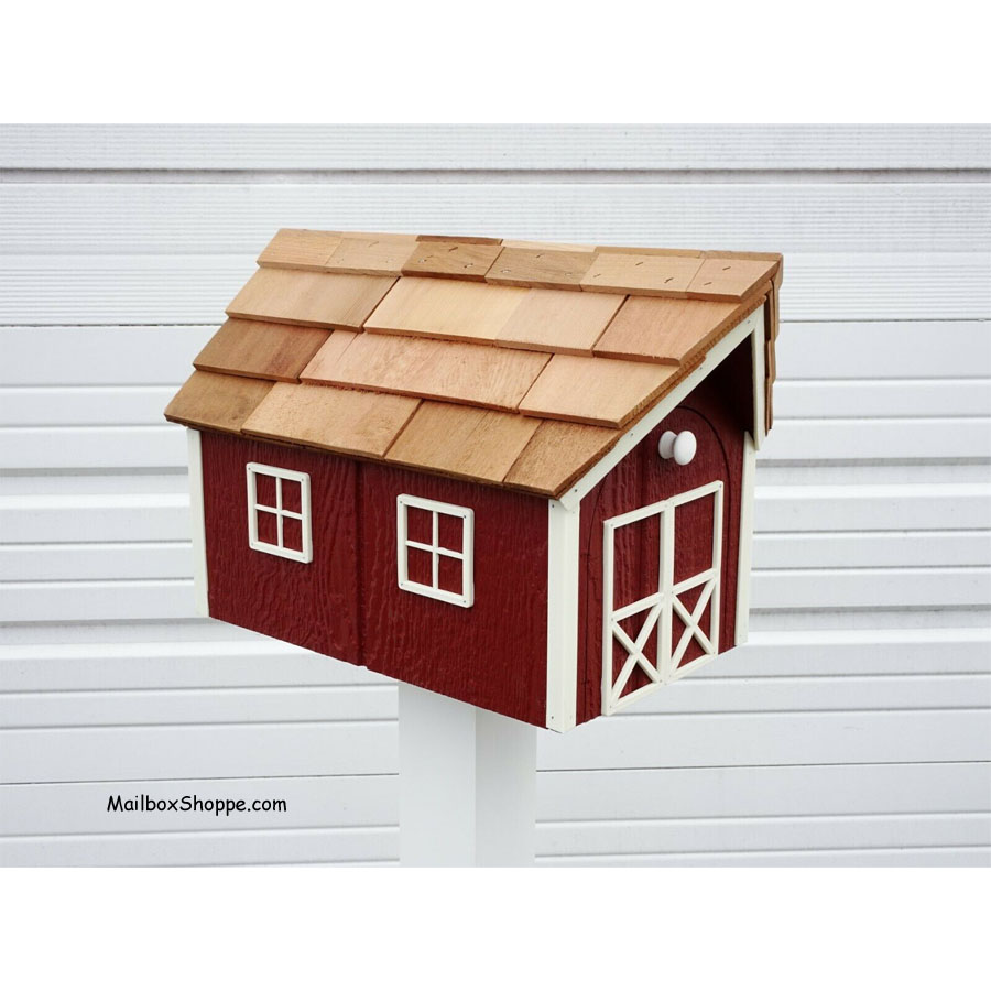 Amish Dutch Barn Painted Wooden Mailbox with Cupola Red with White Trim